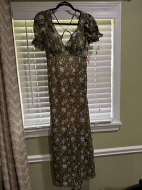 Inspired Hearts Olive Green Floral Maxi Dress with White Blooms